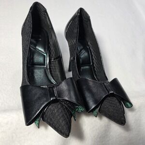 Aldo Women's Wicked Defy Gravity Bow Black Heels Size 7 US Green Rhinestones
